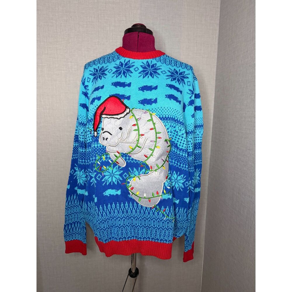 Blizzard Bay Manatee Ugly Christmas Sweater XL Santa Hat Lights Florida Coastal